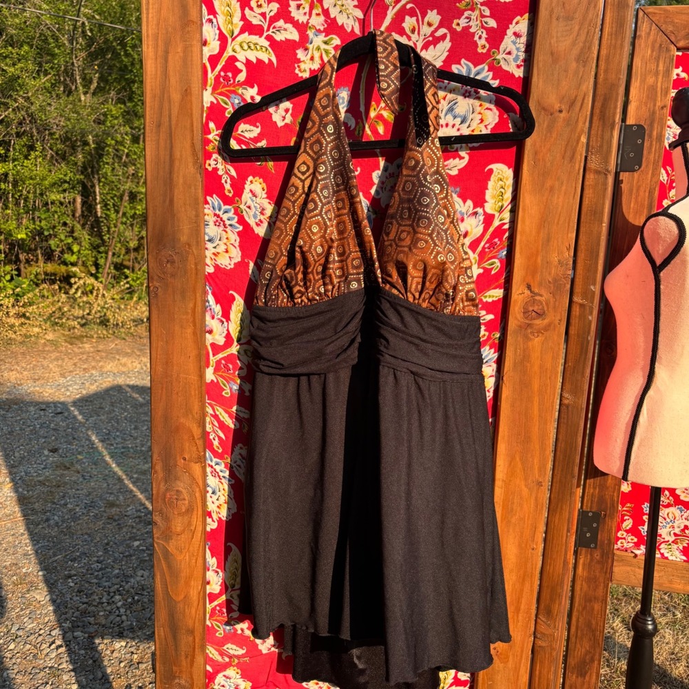 Vintage Brown Boho Halter One Piece Swim Skirt Bathing Suit Women's Size 24W